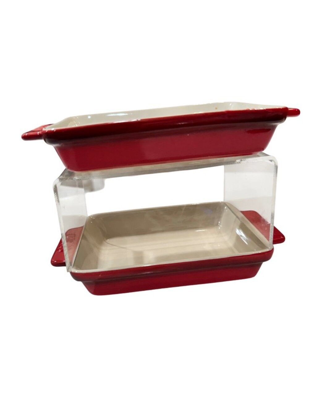 2 Staub Ceramic Rectangular Individual Baking Dishes Set Cherry Red Cream 6.5 in - Picture 2 of 14